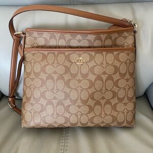 Coach Tan/Brown Signature Canvas Crossbody Bag with Leather Trim